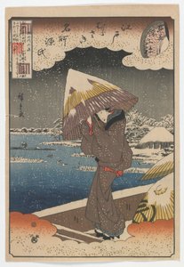Slavná místa v Edo a kapitoly z příběhu Genji: Trajekt na řece Sumida, spojené s kapitolou „Ukifune“, období Edo, kolem 1848-51 (barevný dřevotisk)
